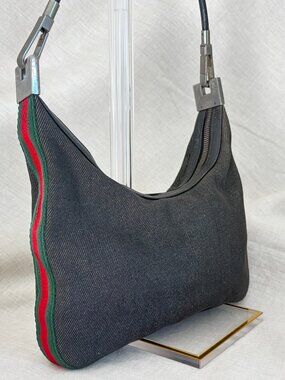 Gucci Denim Hobo Shoulder Bag, Green Red Web Stripe, Silver Hardware